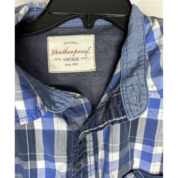 Original Weatherproof Vintage Shirt Mens Size Med Blue Flannel Button Down Plaid - Picture 3 of 6